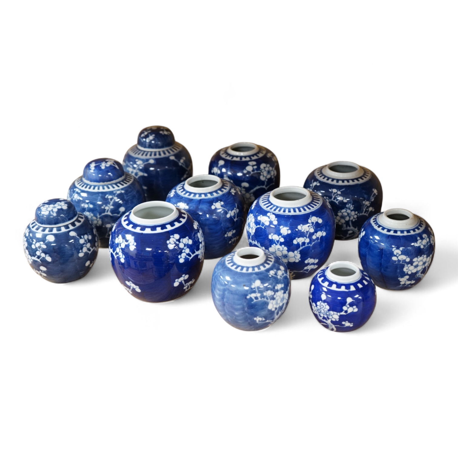 Eleven Chinese blue and white prunus jars and two covers, late 19th/20th century, tallest jar and cover 15cm high.